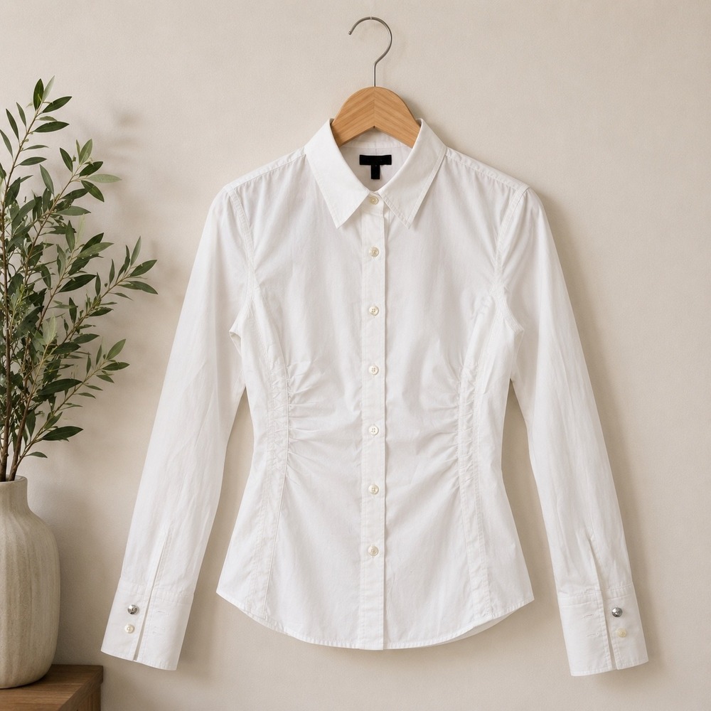Escada White Ruched Side Button Down Shirt Tailored Cotton Poplin Size 36 Size 6